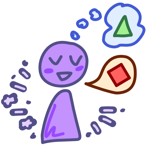 next to a purple figure is an off white speech bubble with a red square shaped diamond inside it. There is also has a blue thought bubble coming from the figure with a green triangle inside it. The figure has a confident expression and is surrounded by sparkles. The image has dark line art. 